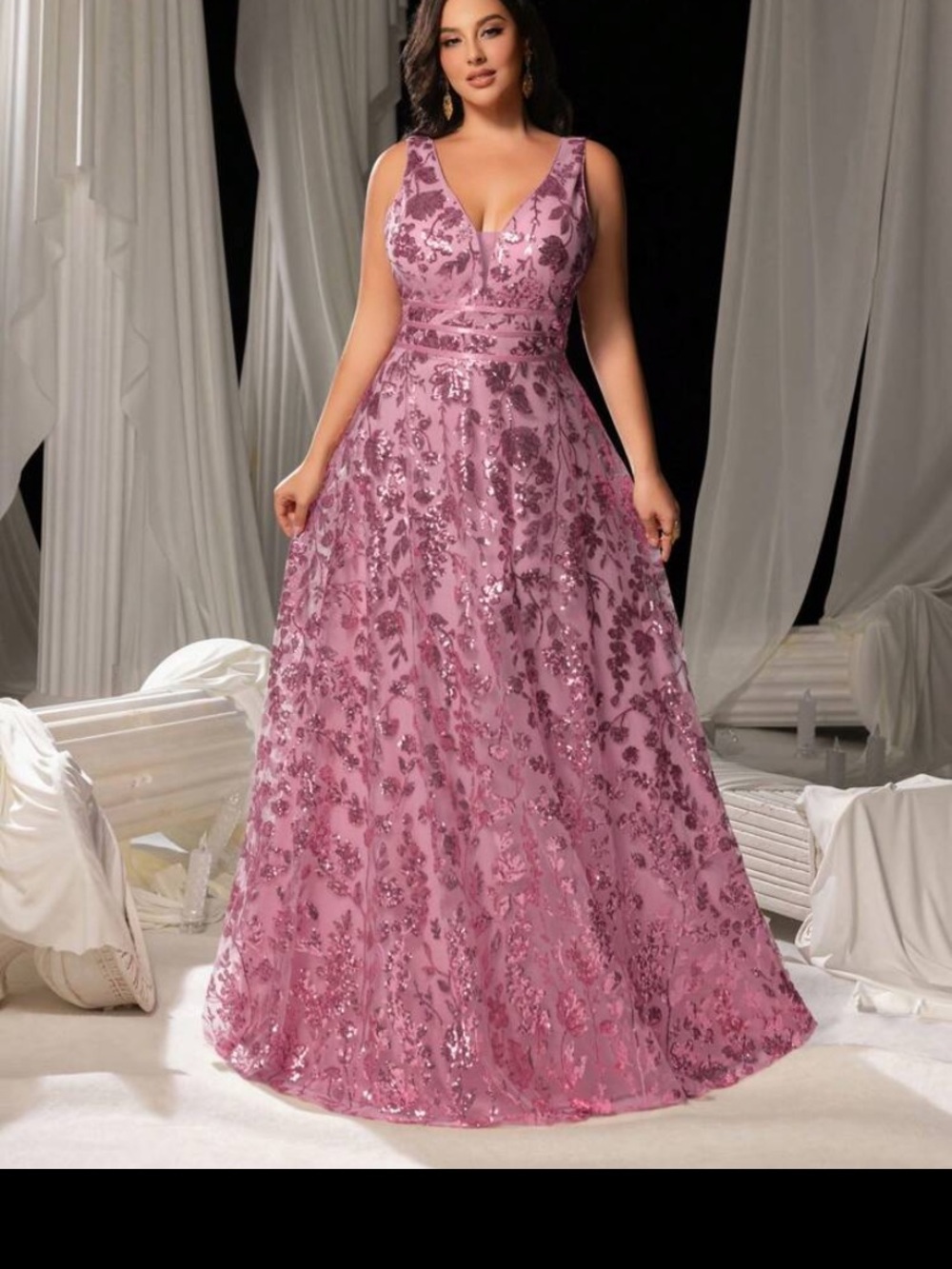 SHEIN Pink Sequin Floral V-Neck A-Line Prom Dress